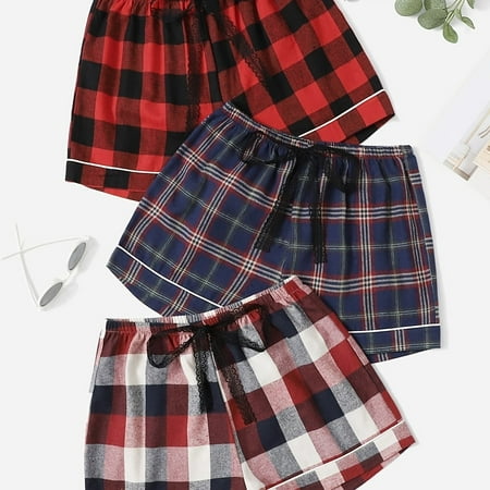 

3 Packs Plaid Tie Front Sleep Shorts Elastic Waist Pajama Bottoms Shorts Sleepwear Red Blue Plaid Women‘s Loungewear & Sleepwear