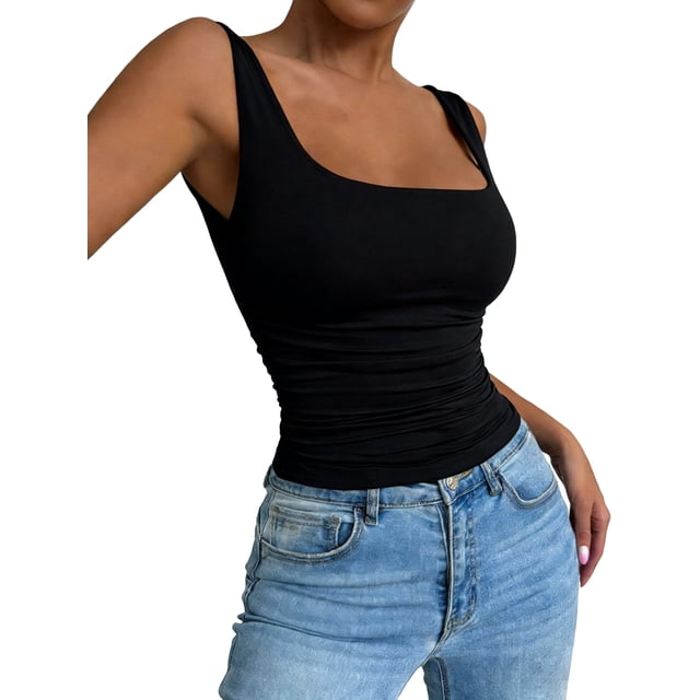 Women'S Summer Sleeveless Square Neck Tank Top Ruched Slim Fit Basic Vest Tops Black S