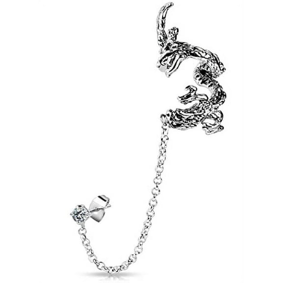 Flying Dragon Design Ear Cuff with Chain Linked Clear CZ set Stud Ear Rings