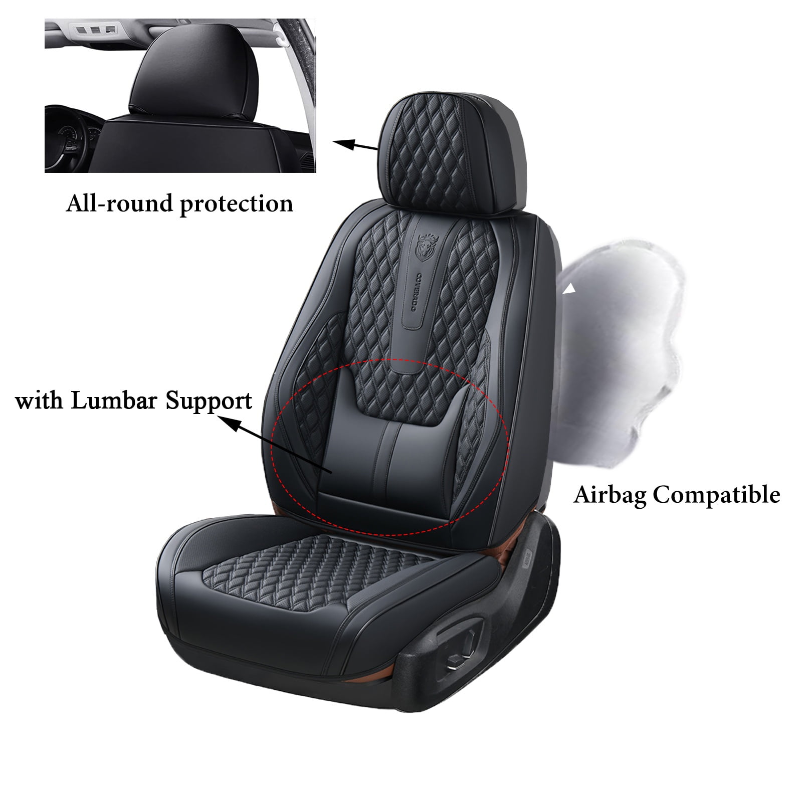 Coverado Black Car Seat Covers Front, Waterproof Faux Leather Auto Seat Protectors with Lumbar Support, Luxury Automotive Interior Accessories Universal Fit Most Cars SUV Trucks