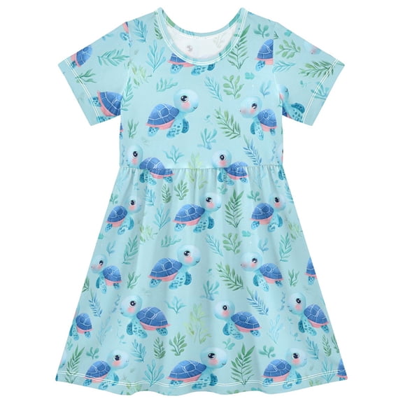 joogoo Cartoon Turtles Leaves Girls' Short Sleeve Dress Kids Dresses 5-6T