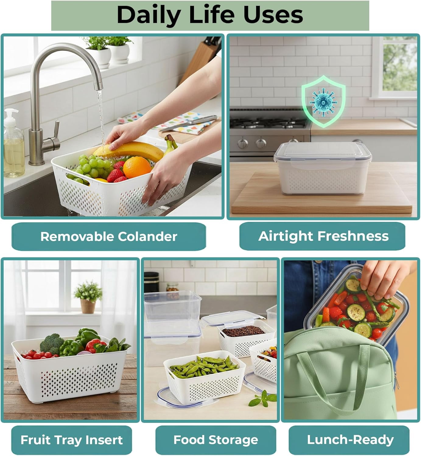 5PCS Food Storage Containers For Fridge With Removable Colander and Lids, Leak Proof Refrigerator Organizers for Vegetable Produce, Keep Berry Fruits Fresh Longer