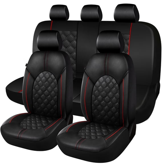 CAROMOP Luxury PU Leather Car Seat Covers Full Set-Waterproof Seat Protectors with Split Bench Seat Covers for Cars-Universal Cars Interior Covers for Sedans, SUVs, Pick-up Trucks (Black/Red)