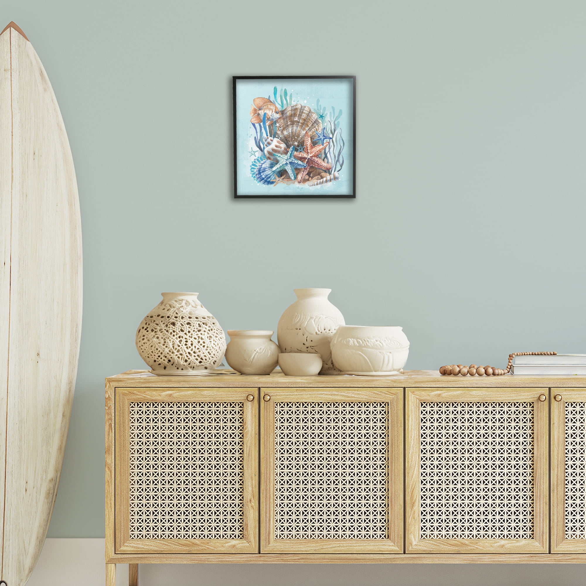Stupell Industries Seashell Still Life Coastal Painting Black Framed Art Print Wall Art, 17 x 17