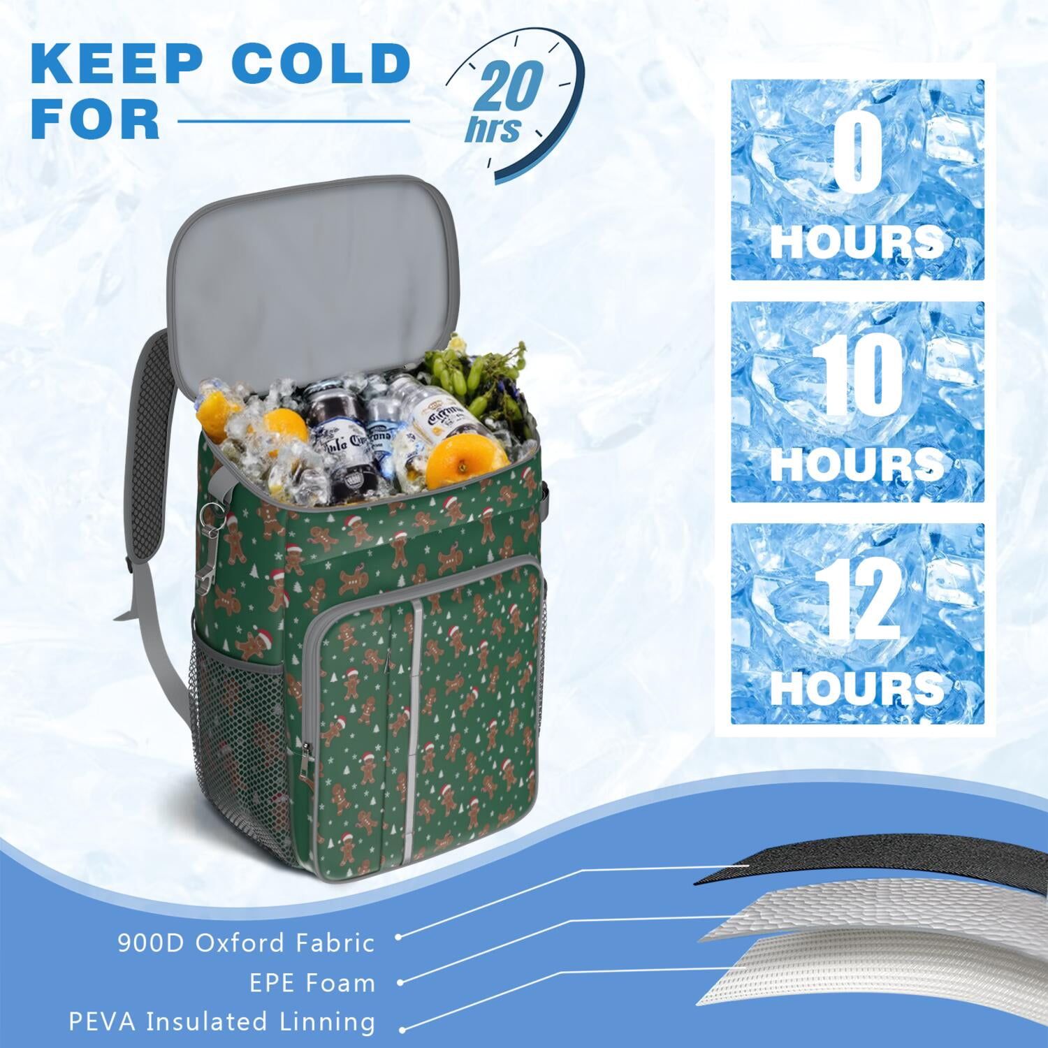Travel Cooler Bag - Green Christmas Gingerbread Man Pattern Camping Beer Cooler Backpack with Bottle Opener- Waterproof Insulated Picnic Backpacks - Cooler Bag for Beach