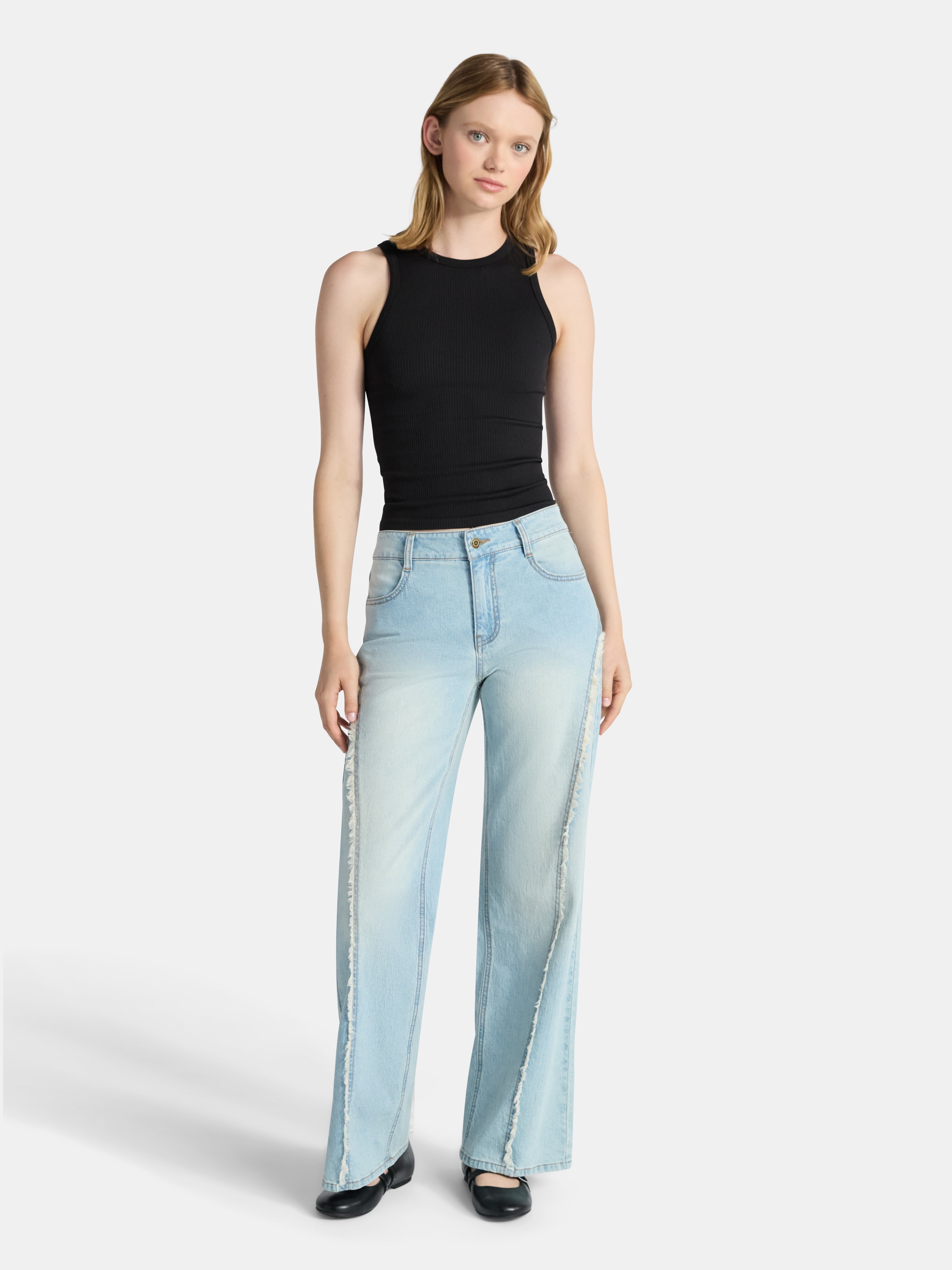 No Boundaries Baggy Wide Leg Jeans with Seams, 32" Inseam, Women's