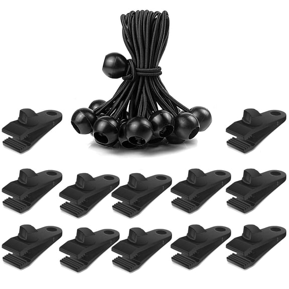 24 Pcs Tarp Clips and Ball Bungee Cords -Tarp Clamps Heavy Duty Lock Grip Tent Pool Awning Fasteners Clips with 6 Inch Bungee Ball Cords for Outdoor Camping Canopies Tarps Cargo Tent etc.