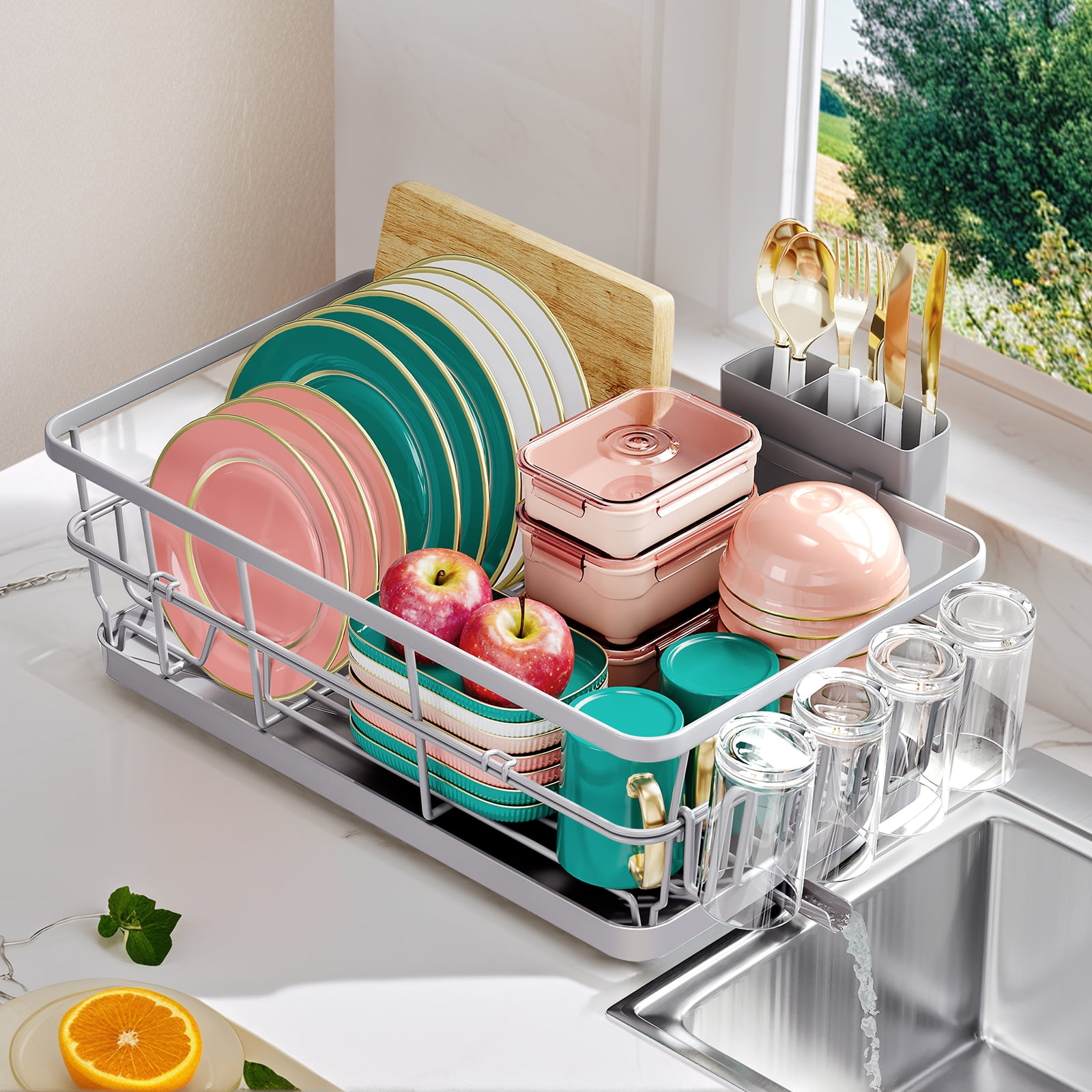 BEHERZT Large Stainless Steel Dish Drying Racks with Drainboard,Countertop Dish Drainer Rack,Kitchen Sink Dish Rack,Gray