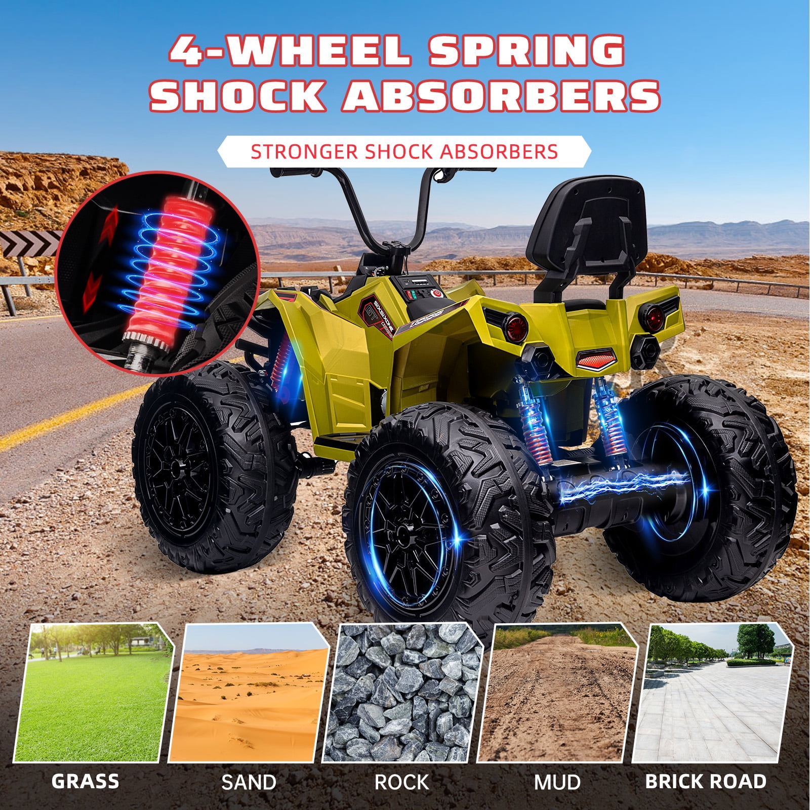 Telyswee Kids ATV 24V Ride on Car 4WD Quad Electric Vehicle, 4x80W Powerful Engine, with 7AHx2 Large Battery, Accelerator Handle, EVA Tires, LED Light, Full Metal Suspensions, Bluetooths & Music