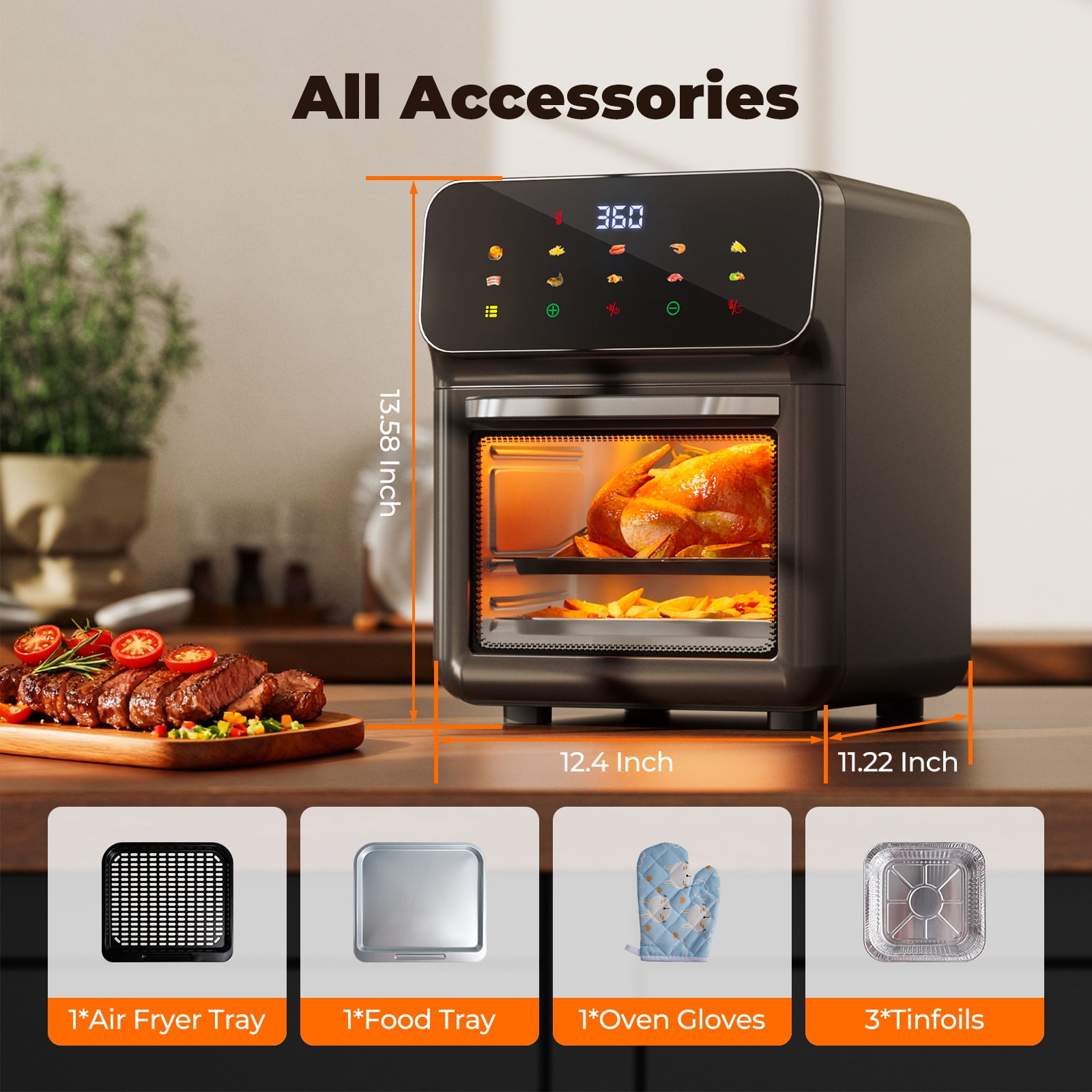 10QT Air Fryer, Toaster Oven with 10 Preset Cooking Mode, Bake, Roast, Reheat, Broiler, Dehydrate, LED Digital Color Display and Visible Window