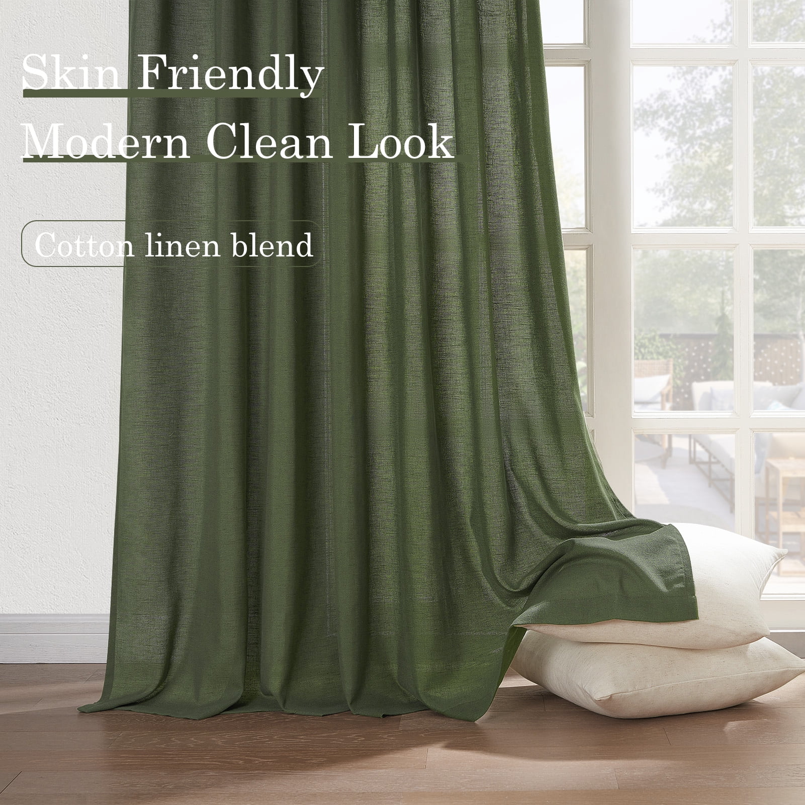 Topfinel Olive Green Linen Semi Sheer Curtains 84 Inches Long,Spring Boho Bedroom Living Room Home Decor,Cotton Linen Blended Light Filtering ,Back Tab Window Curtain with Hooks ,Set of 2