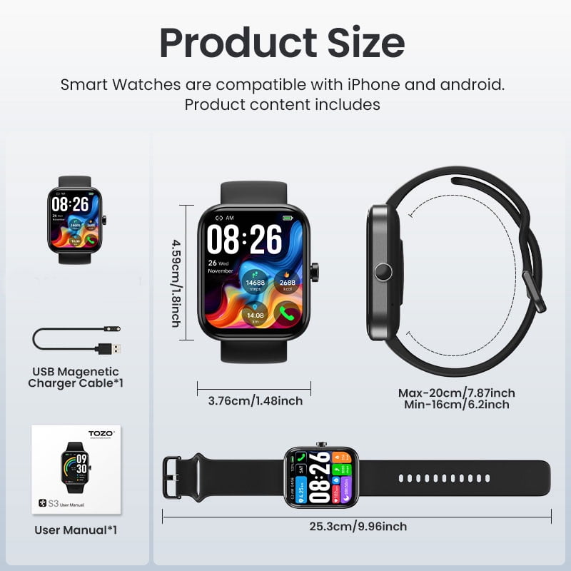 TOZO S3 Smart Watch Fits for Men Women,IP68 Waterproof Smartwatch for iPhone and Android,Bluetooth Call(Answer/Make Calls)100+ Sports Modes,1.83" HD Color Fitness Tracker Sleep Monitor for Gift Black