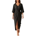 thumbnail image 2 of Aimik Women's V-Neck Short Sleeve Twist Front Slit Midi Dress Ruched Bodycon Elegant Evening Cocktail Dress, 2 of 5