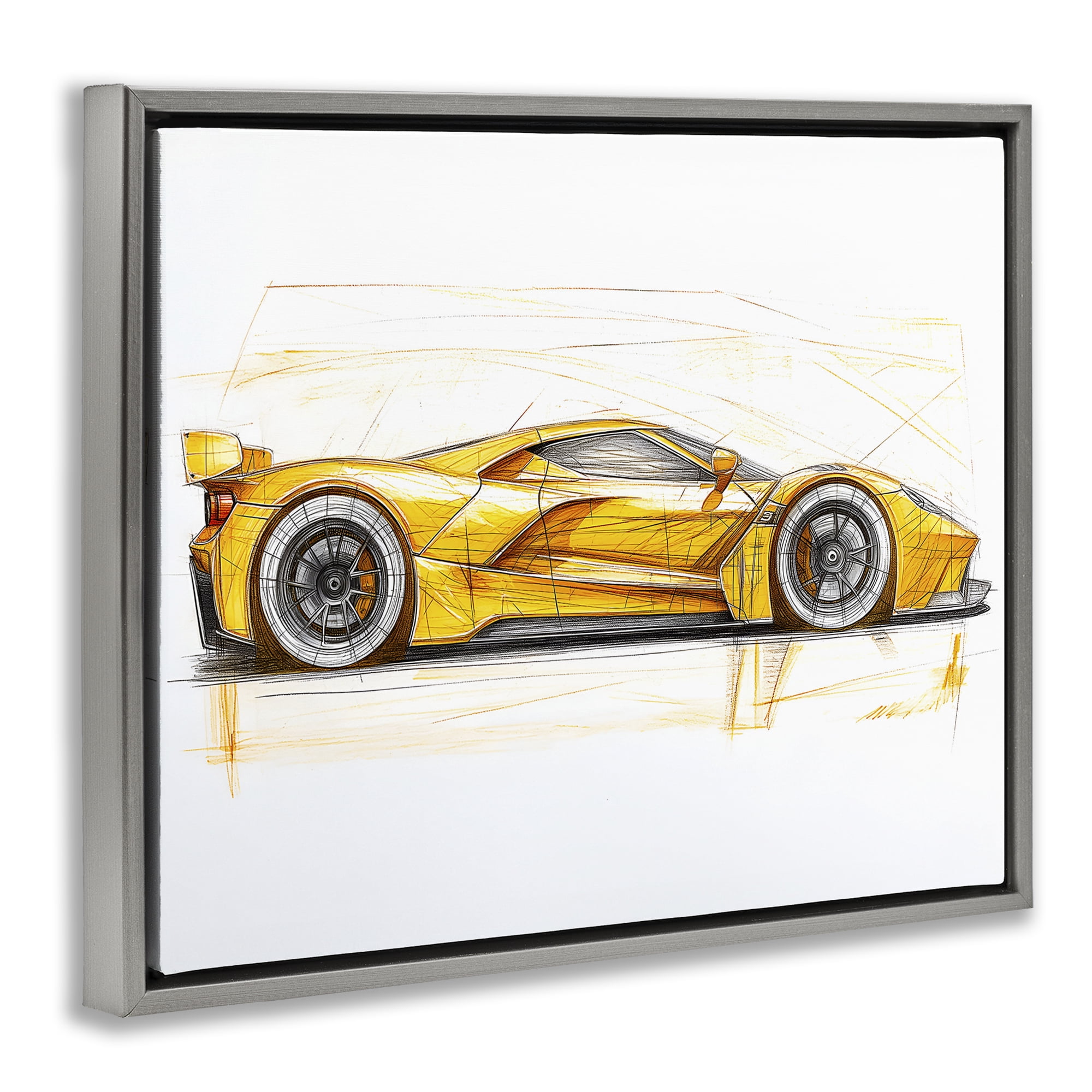 Stupell Industries Yellow Sports Car Whimsicality Gray Framed Floater Canvas Wall Art, design by Steve Hunziker