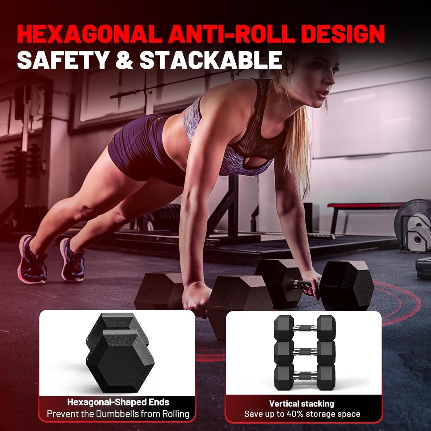 ROALW Hex Dumbbell Sets with Rack, 150lb Rubber Coated Dumbbell Weight Set and Storage Rack, Multiple Options Hand Weights for Strength Training