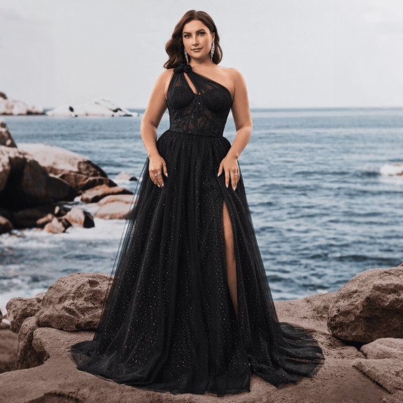 Plus Size Cocktail Dresses for Women with One-Shoulder Wedding Guest Dresses with Sequined Evening Gowns with High Slit Sleeveless Style Formal Dresses for Party Prom and Birthday Black 3XL