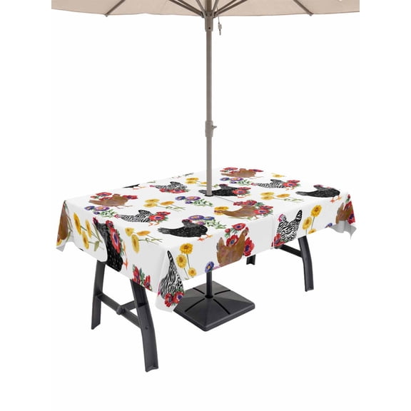 Outdoor Tablecloth with Umbrella Hole for Patio/Picnic/Party/Camping, Farmhouse Rooster Waterproof Table Cloth Rectangle Table Cover Washable, Country Watercolor Flowers Wood Grain (60"x 120")