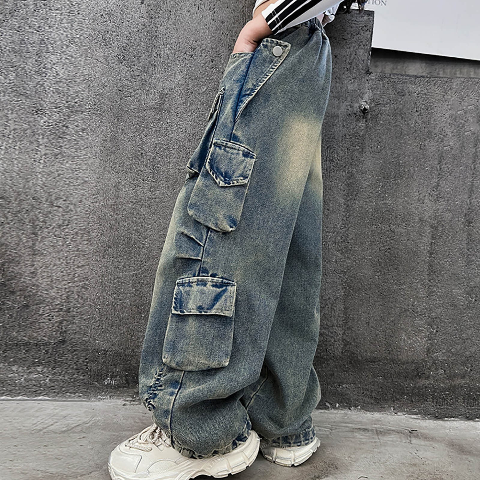 Hessimy Girls Jeans Denim Elastic High Waisted Wide Leg