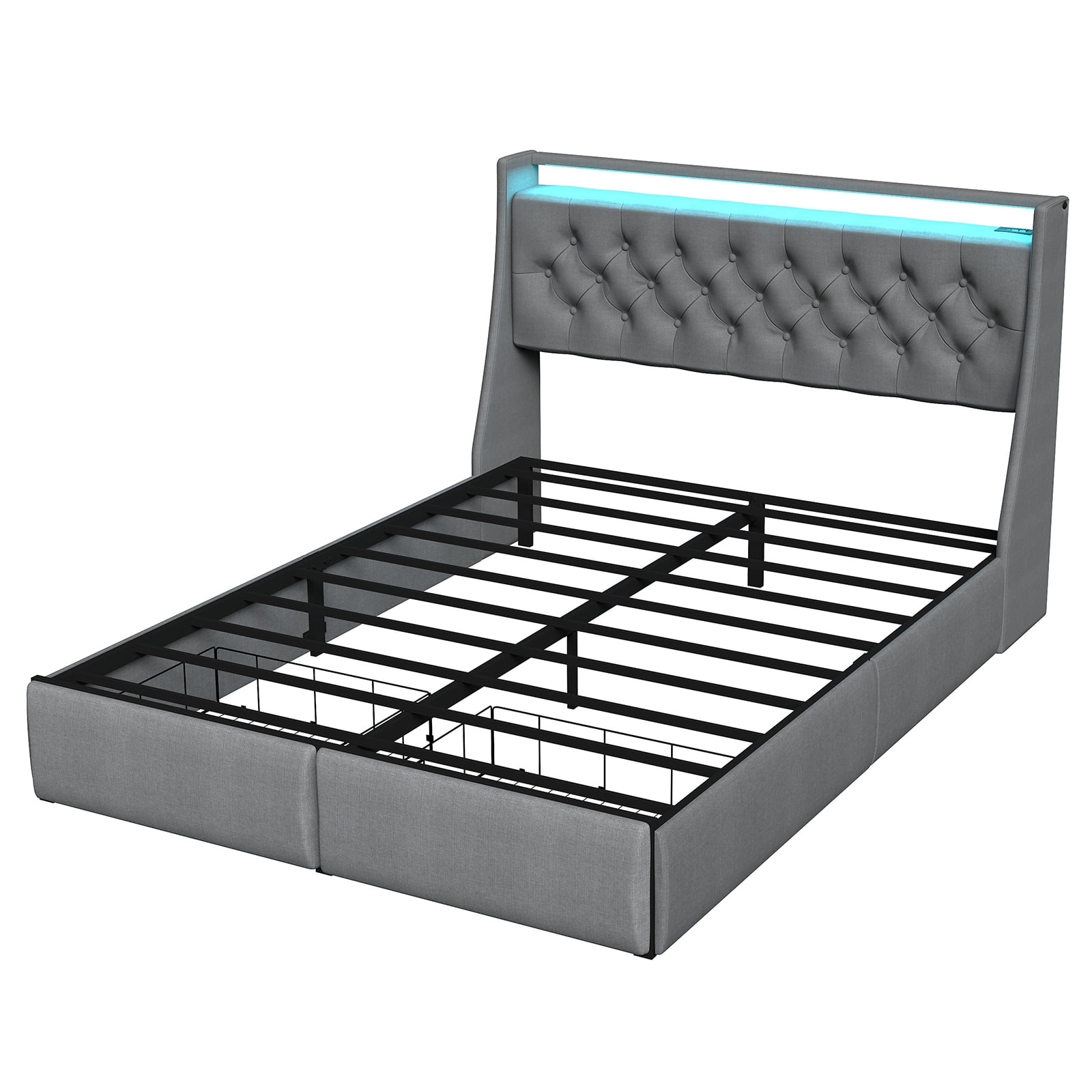 Mintazer Full Size Tufted Upholstered Storage Bed Frame with LED Light & Charging Station, Platform Bed Frame with 2 Foot Drawers, No Box Spring Required, Grey