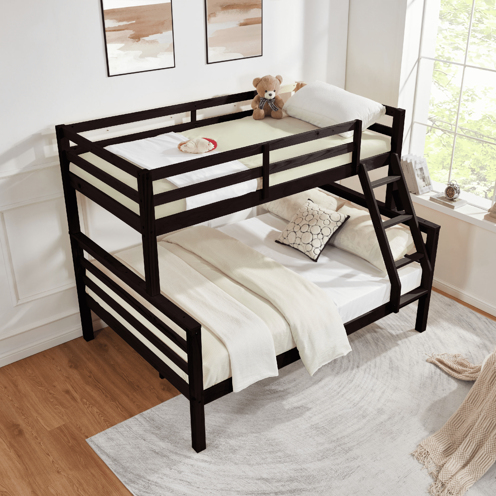 MAYEERTY Twin over Full Bunk Bed with Thick Posts, Wooden Bed Frame with High Guardrail and Ladder for Kids, No Box Spring Needed, Espresso