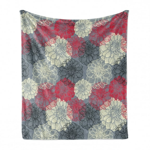 Dahlia Flower Soft Flannel Fleece Blanket, Hand Drawn Repeating Big and Small Flowers Motif with Color Element Effects, Cozy Plush for Indoor and Outdoor Use, 50" x 70", Multicolor, by Ambesonne