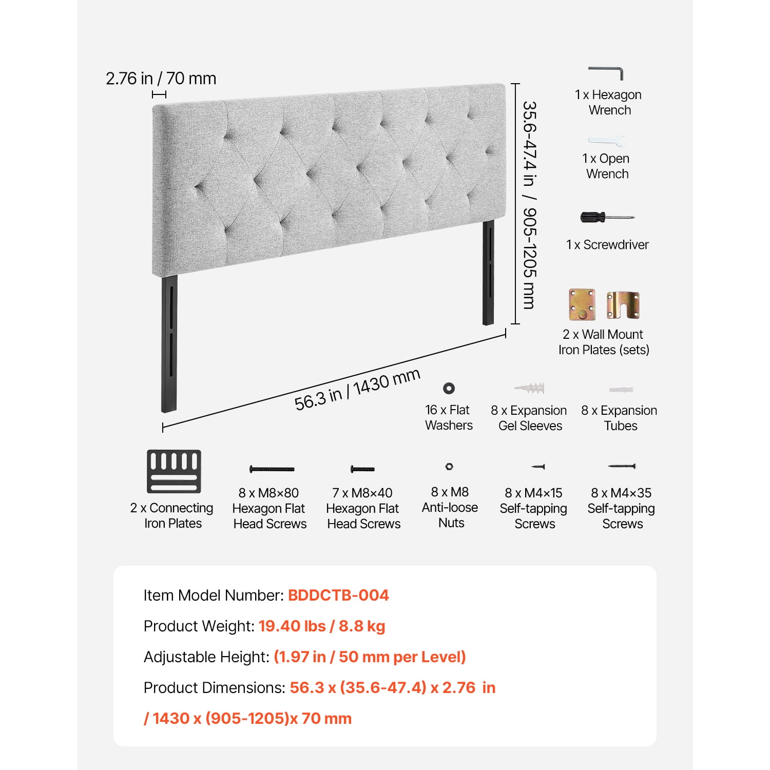 KFFKFF Full Size Headboard, Upholstered Headboard with Height Adjustable from 35.6-47.4 inches, Suitable for Bedrooms, Hotels, Guesthouse, Dormitory