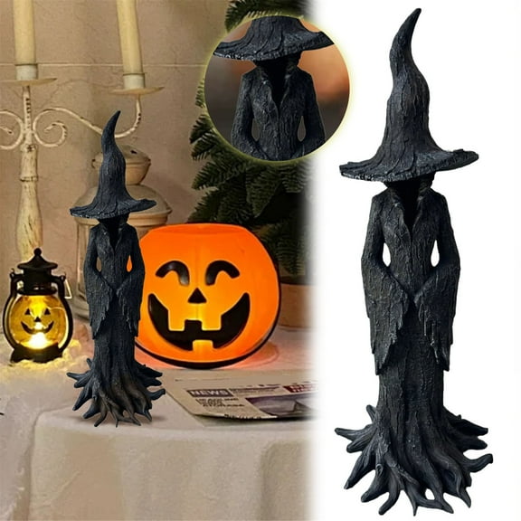 Vintage Witch Statue - 11.81 inches, Material Resin, Bucket Tree Shape, Halloween & Home Decor, for Yard, Patio, Parties, Spooky Seasonal Accent, 1PC, Black