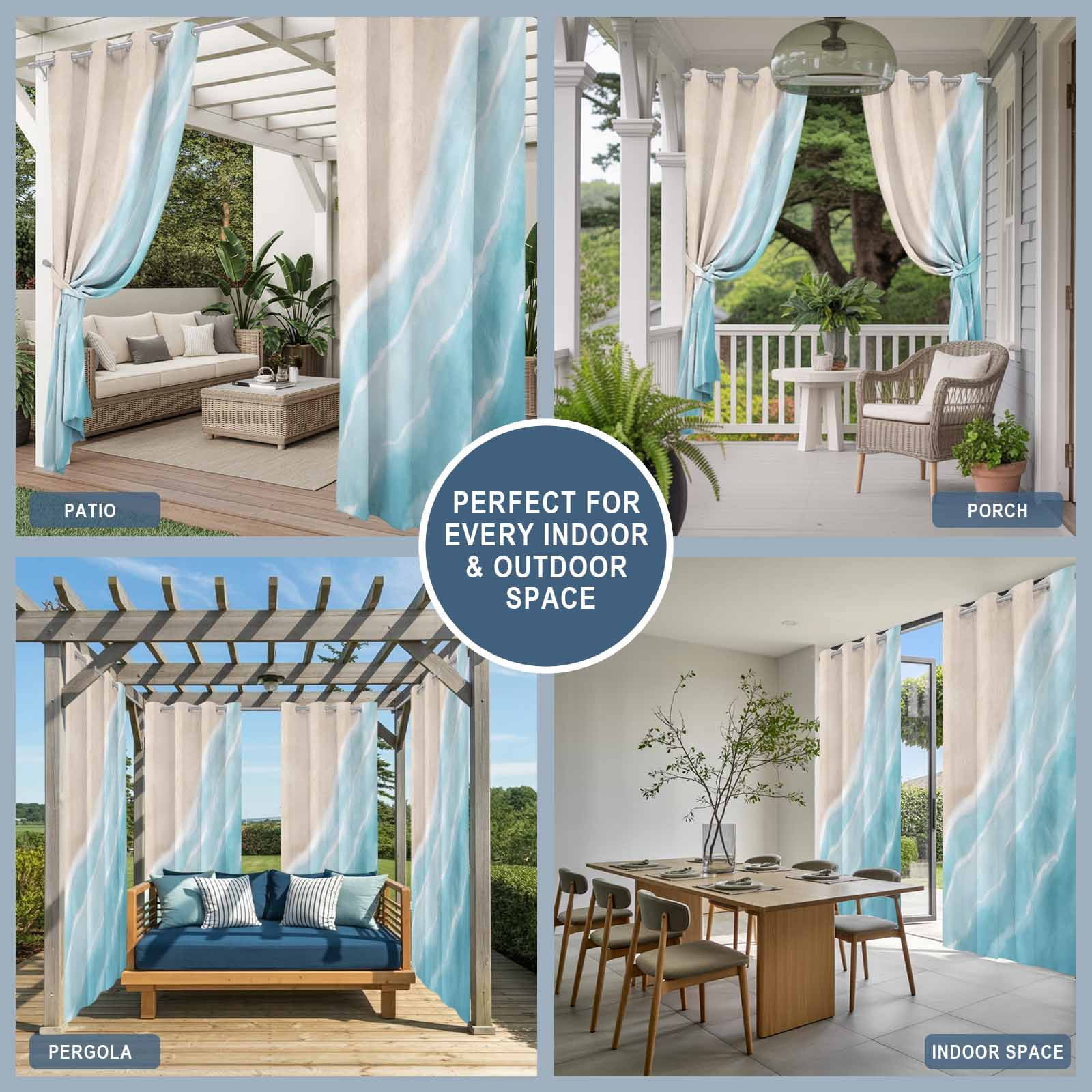 Summer Blue Beach Wave Outdoor Curtains for Patio, Coastal Nautical Watercolor Gradient Ocean Sunshade Privacy Drapes Grommet Waterproof Outside Curtains for Porch/Cabana/Balcony 54"x 108", 1 Panel
