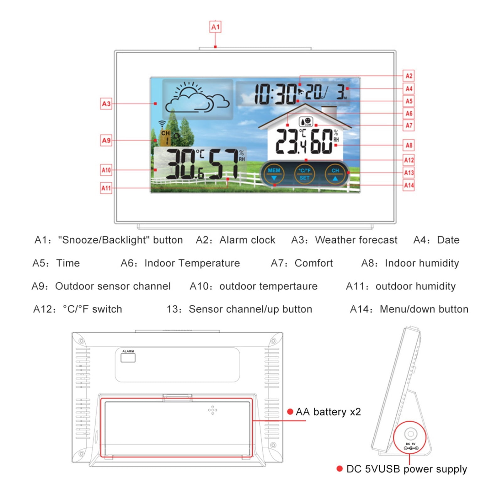 Wireless Weather Station with Color Touch Screen, Indoor Outdoor Monitor Hub