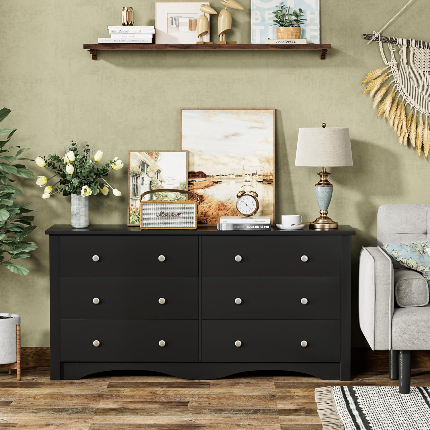 Furmax 6 Drawer Double Dresser, Wide Wood Chest of Drawers Storage Tower Storage for Living Room Bedroom, Black