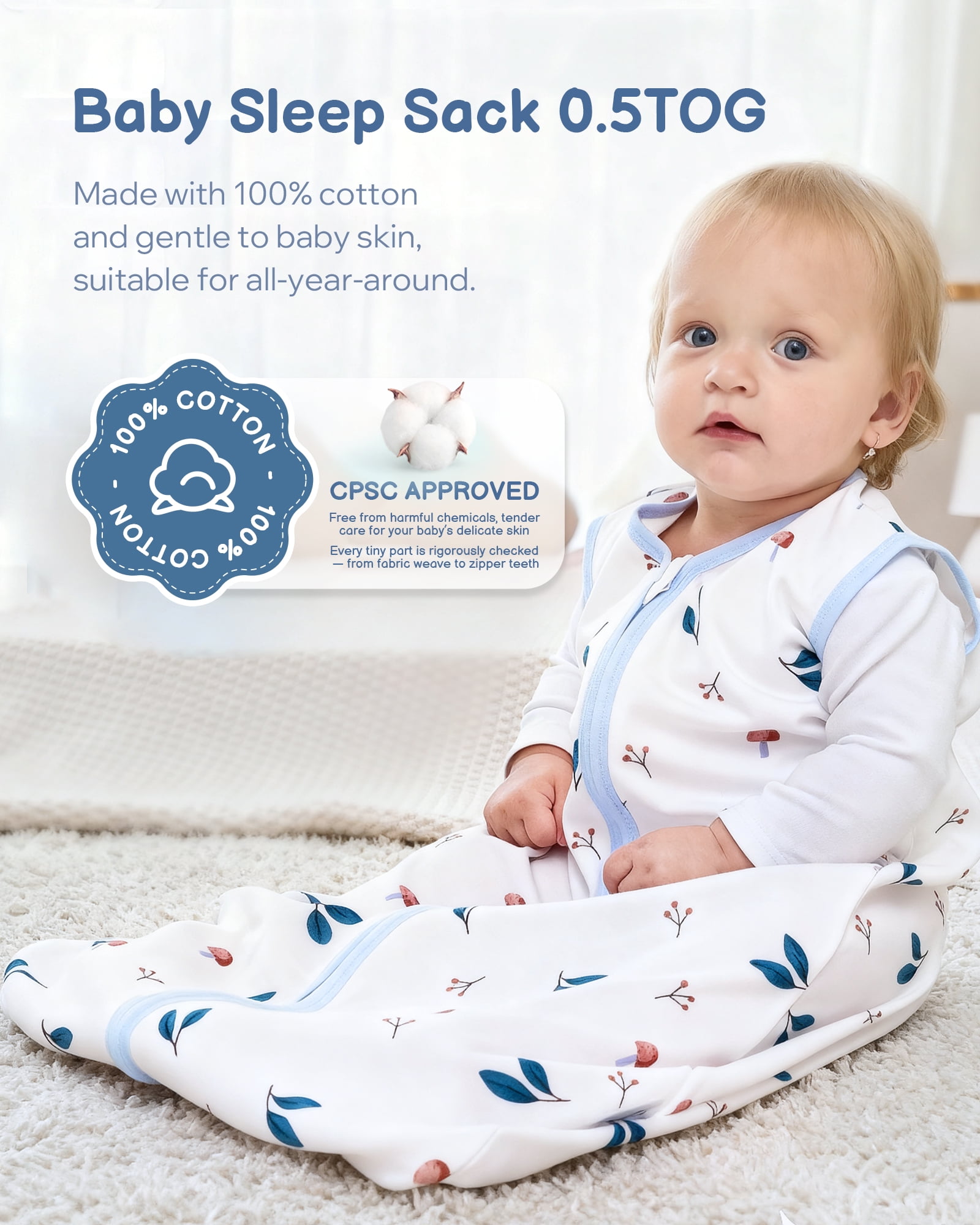 Baby Sleep Sack 0-6 Months, 100% Organic Cotton Wearable Blanket for Babies, 2-Way Zipper TOG 0.5 Lightweight Breathable Baby Sleeping Bag, 4 Sizes-S Animal&Plant&White