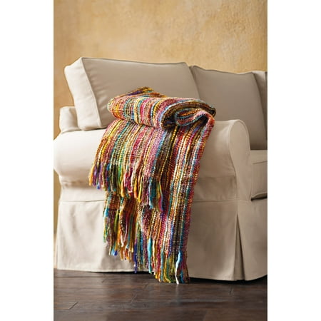 Graphic Knit Blanket - Chunky Knit Throw Blanket - Bright Colors Striped Fringe - 48