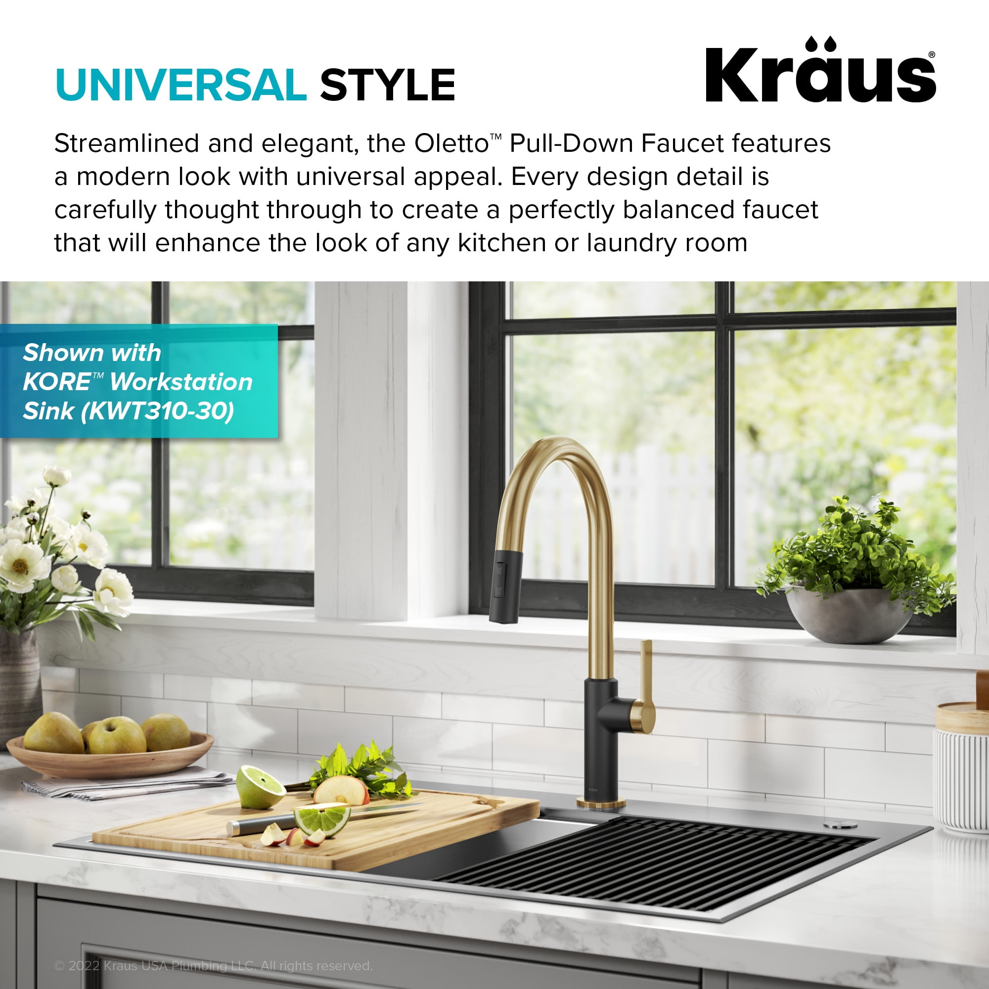 KRAUS Oletto Single Handle Pull Down Kitchen Faucet in Spot-Free Brushed Brass / Matte Black
