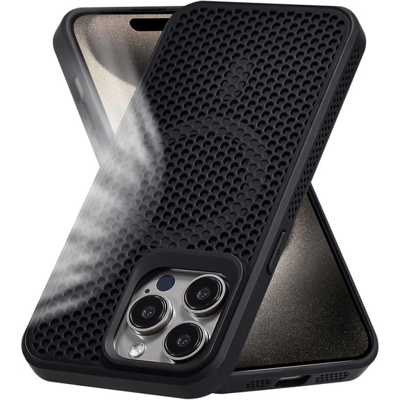 Ventilated Cellular Phone Case for iPhone 15 Pro Max, Soft Edge Hard PC Back, Slim Cooling Case Cover for Mobile Gaming, Video Recording, Black