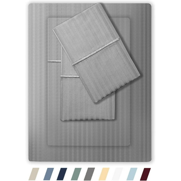 Feather & Stitch 500 TC Queen Size Damask Bed Sheet Set, 100% Cotton Soft Breathable Bedsheets, 4 Piece 18" Deep Pockets Sateen Weave Striped Bedding Mattress Resort Hotel Luxury- (Grey, Queen)