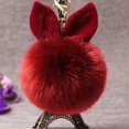 thumbnail image 2 of Lindo llavero de bola de piel con pompón, llavero con orejas de conejo, decoración con dije para bolso (rojo vino) (1 unidad), 2 of 5
