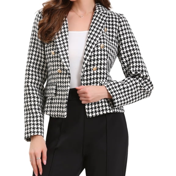 DARING DIVA Women's Chic Houndstooth Notch Lapel Long Sleeve Blazer XS Black