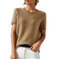 thumbnail image 2 of TANGNADE Women's Round Neck Short Sleeved Loose T Shirt with A Knit, Bottom Loose Fitting Comfy Summer Polyester Top Gold L, 2 of 9