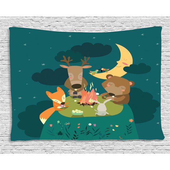 Animals Tapestry, Animals Resting around Bonfire Fox Reindeer Birds under Moon Night Sky Friends Time, Wall Hanging for Bedroom Living Room Dorm Decor, 80W X 60L Inches, Multicolor, by Ambesonne