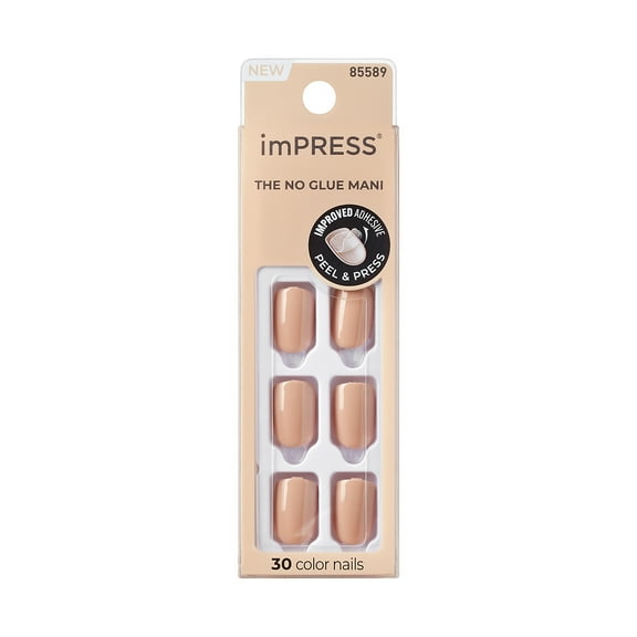 KISS imPRESS Color Press-On Manicure Fake Nails, ‘Latte’, 30 Count