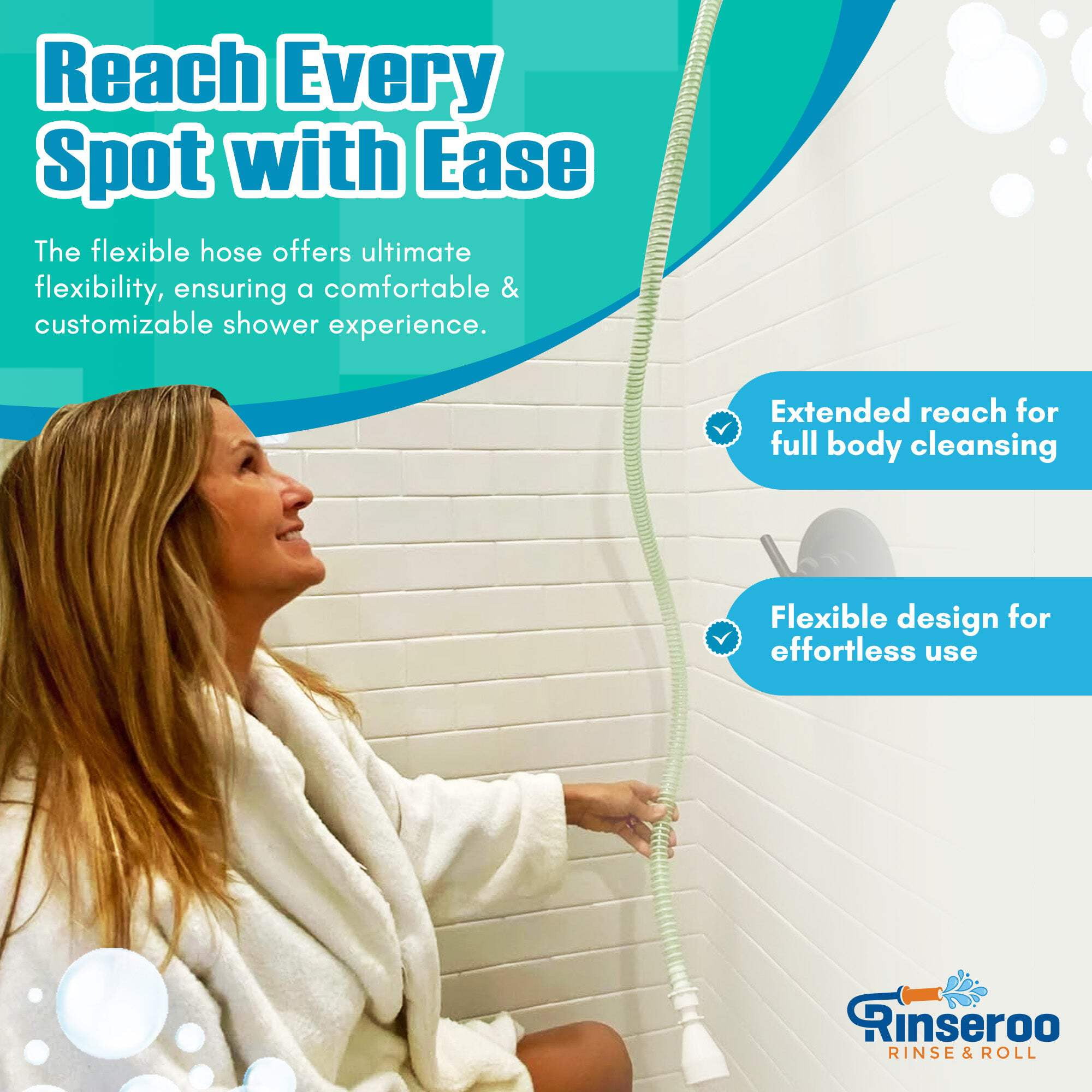 NEW Rinseroo: Slip-On Handheld Shower Attachment Hose w/Spray Head- Removable Extension Arm- Converts Fixed Shower Head into Handheld Bather. Portable, No-Install Shower Hose Wand for Seniors, RV.