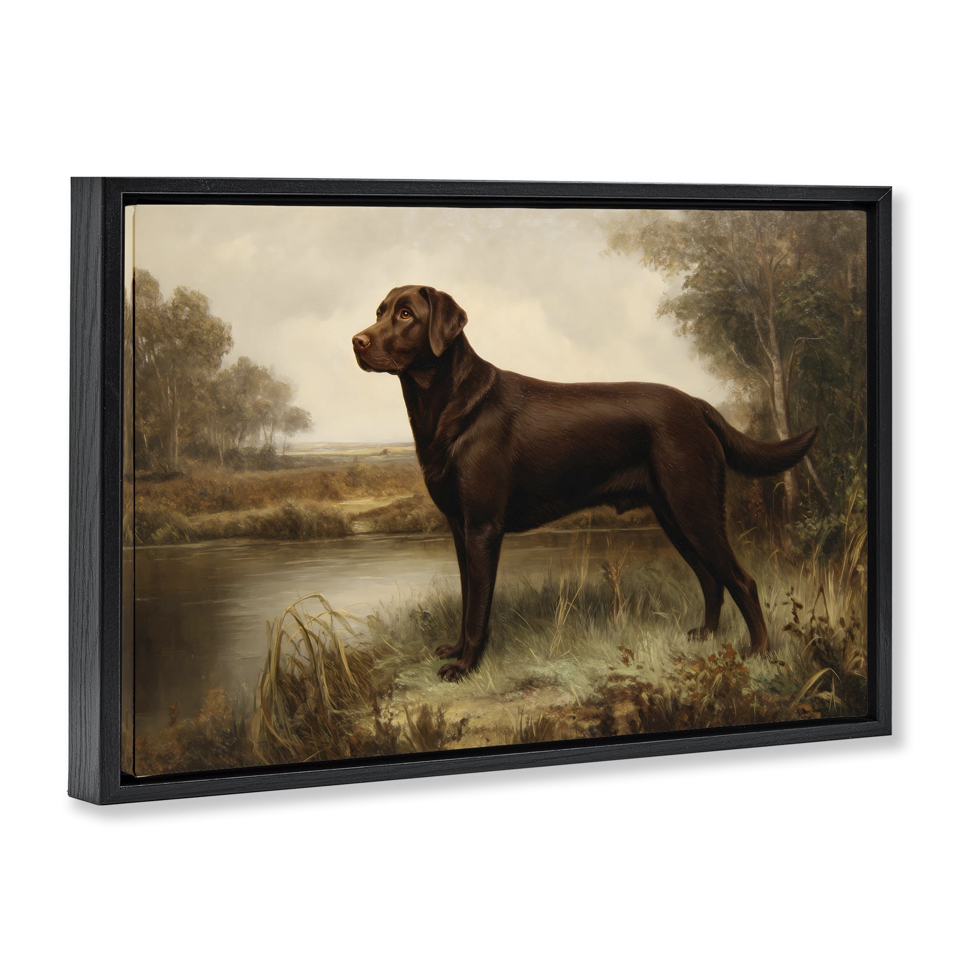 Stupell Industries Brown Lab By The River Black Framed Floater Canvas Wall Art, design by Petal Prints Design