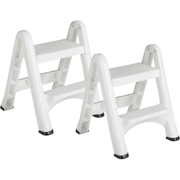 Rubbermaid FG420903WHT EZ Two Step Durable Folding Plastic Ladder Step Stool with Skid Resistant Foot Pads, White 2 Pack