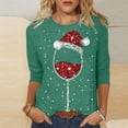 thumbnail image 1 of T-Shirt Décontracté de Noël pour Femmes avec Verre de Vin Rouge Imprimé, Col Rond, Manches Trois-Quarts, 1 of 4