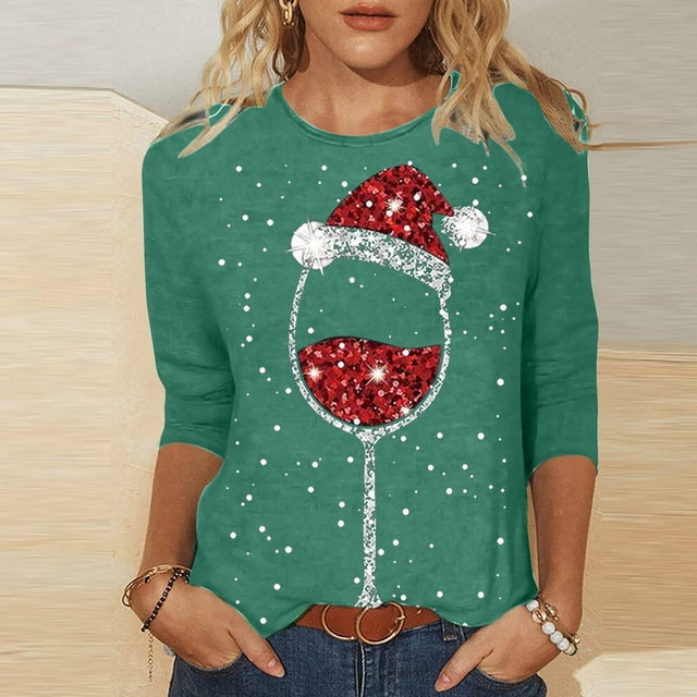 T-Shirt Décontracté de Noël pour Femmes avec Verre de Vin Rouge Imprimé, Col Rond, Manches Trois-Quarts