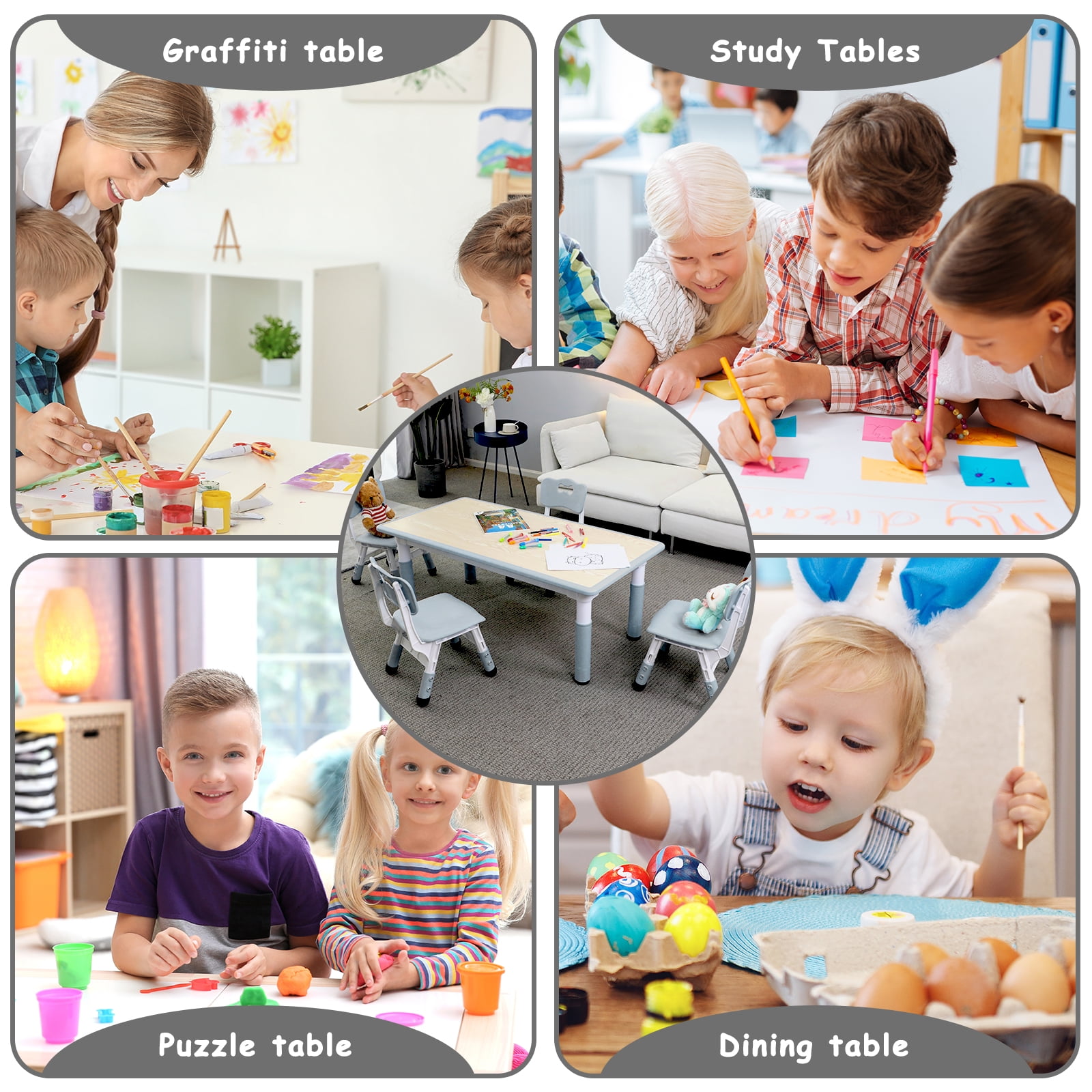Pirecart 5-Piece Kids Table & Chairs Set Toddlers Activity Table Set Height Adjustable Play Table and Chair Set for Reading, Drawing, Eating, Gray