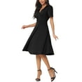 thumbnail image 4 of INSPIRE CHIC Women's Summer Wrap V Neck Puff Short Sleeve Midi Swing Dress with Pockets S Black, 4 of 6