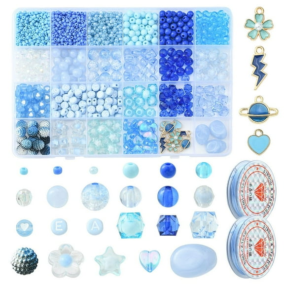 1bag Charm Bracelet Making Kit Including Oval & Round & Imitation Pearl Acrylic & Plastic & Glass Seed Beads Lightning Bolt & Flower & Heart Alloy Enamel Blue 1157pcs/bag