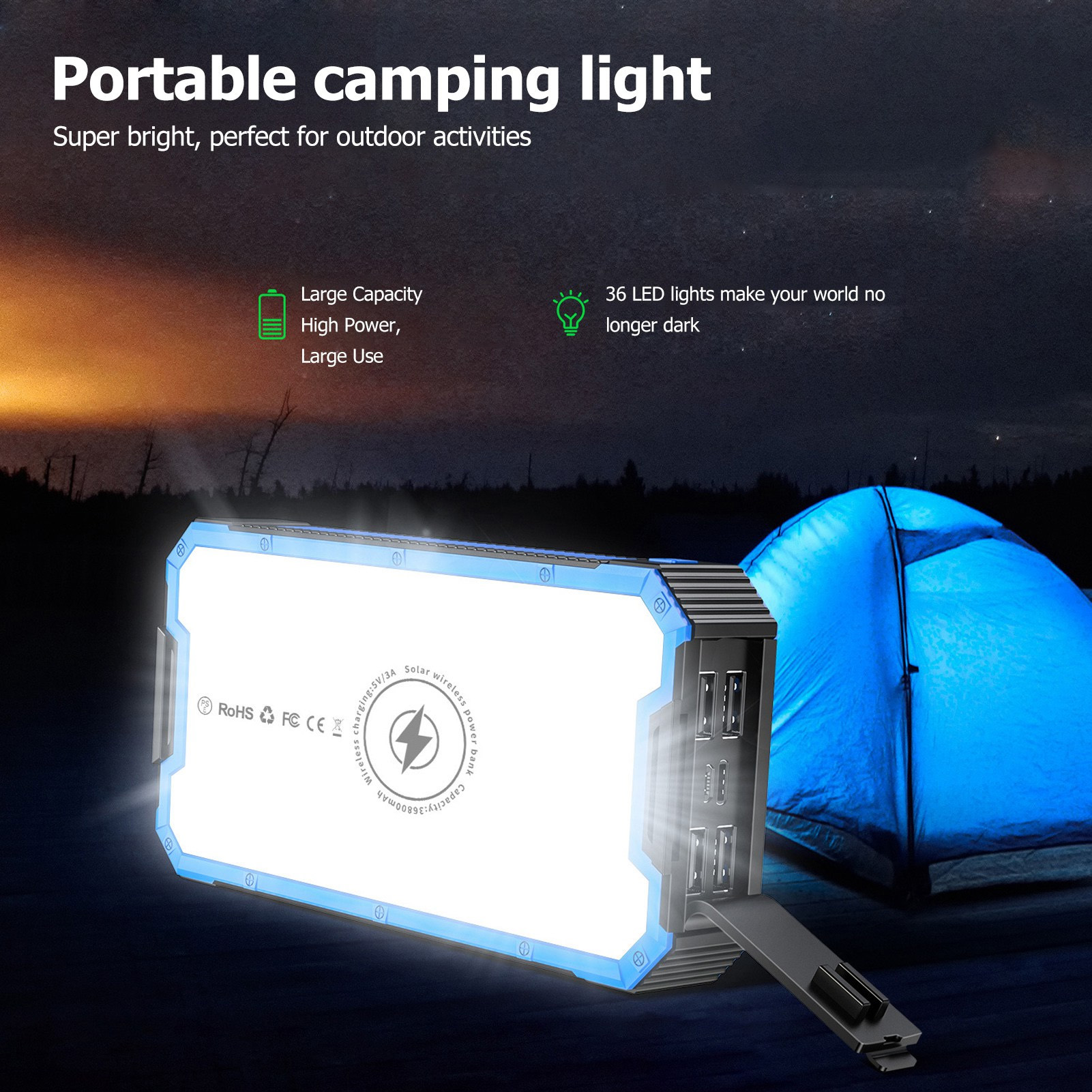 Nieyigj Solar Power Bank 36800mAh / 136.16Wh Portable External Battery Pack with 34 LEDs 4 USB Outputs Type C Micro Inputs for Outdoor Camping Hiking