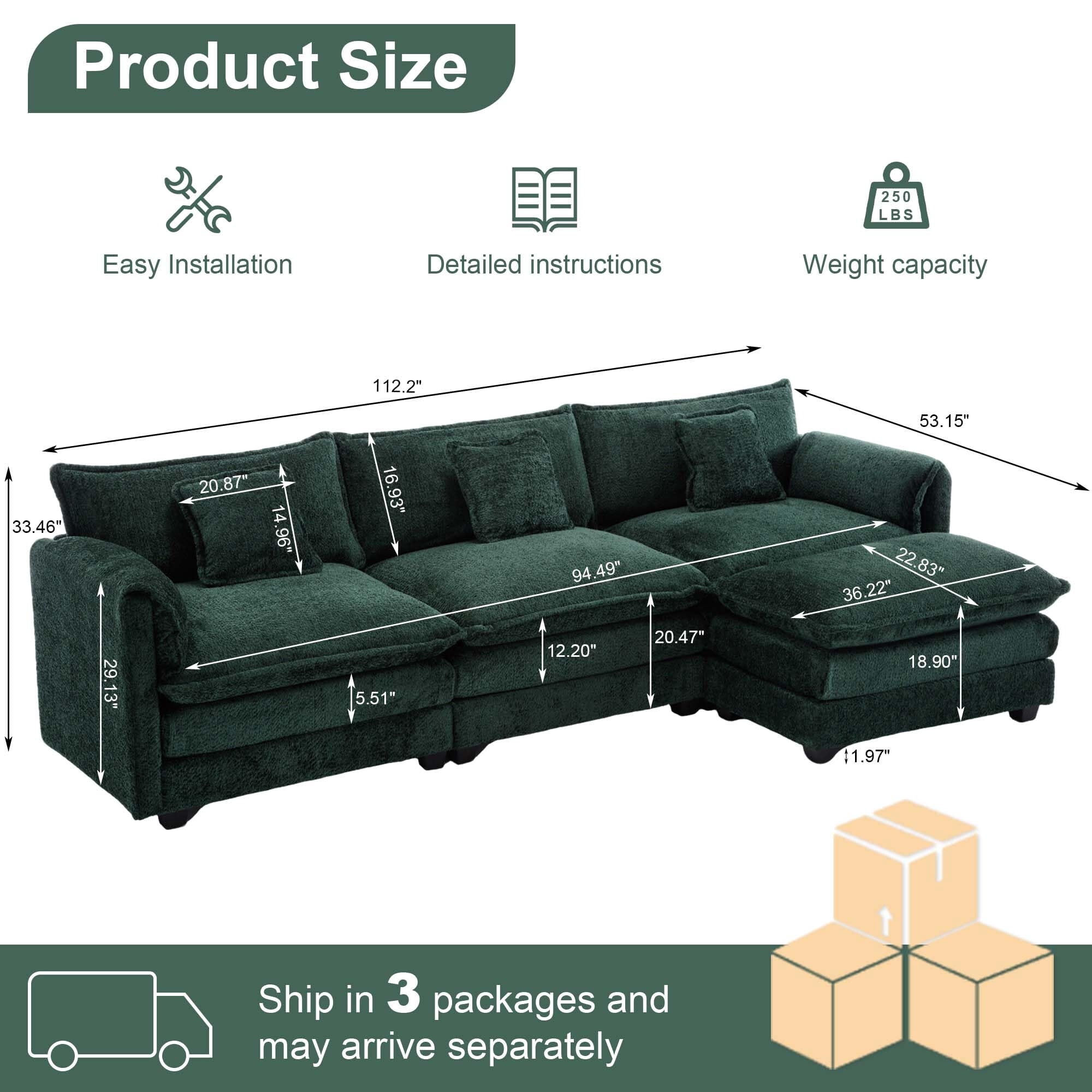 GNIXUU 112" Oversized Sectional Sofa Cloud Couch for Living Room, Modern Chenille L Shaped Couch, Comfy Boucle Modular Sofa Sleeper with Moveable Ottoman & Memory Foam (Green)